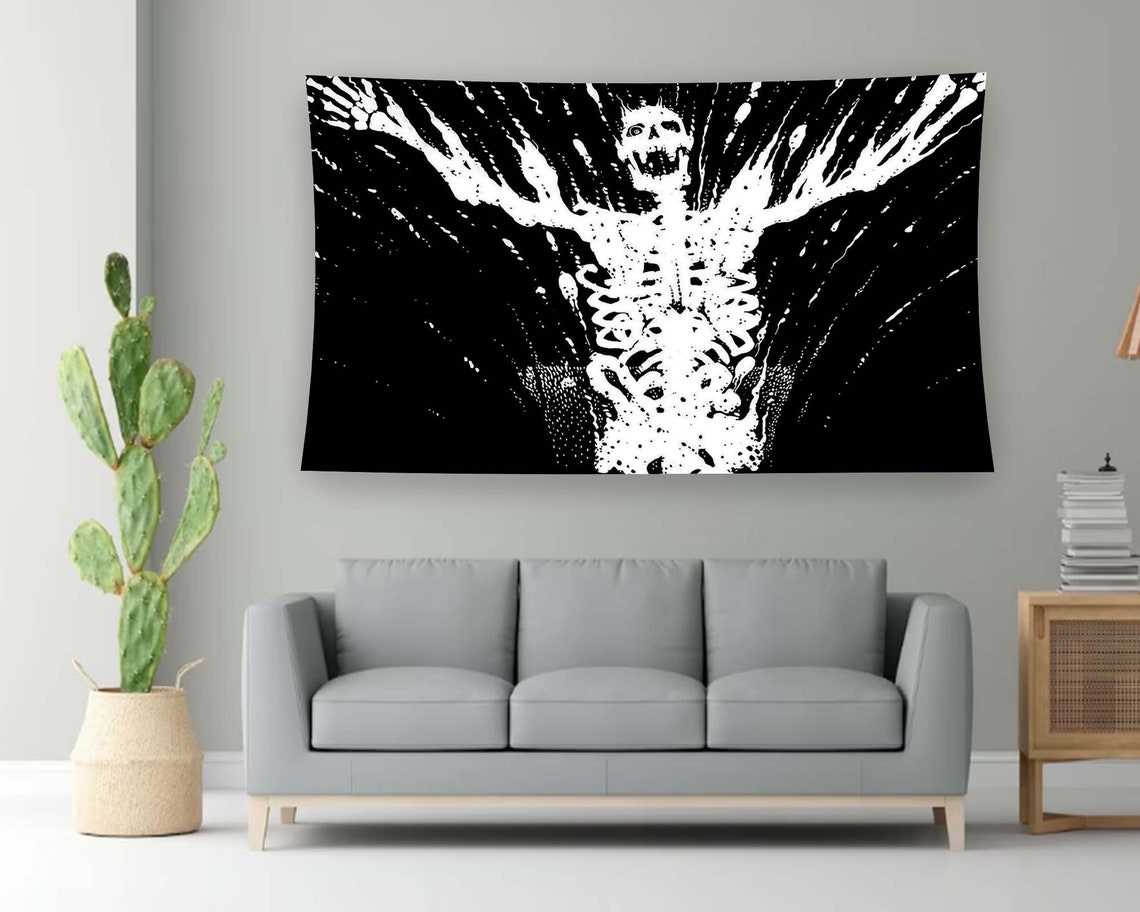 Black Horror Skeleton Burst Grunge White Ink Tapestry Wall Art
