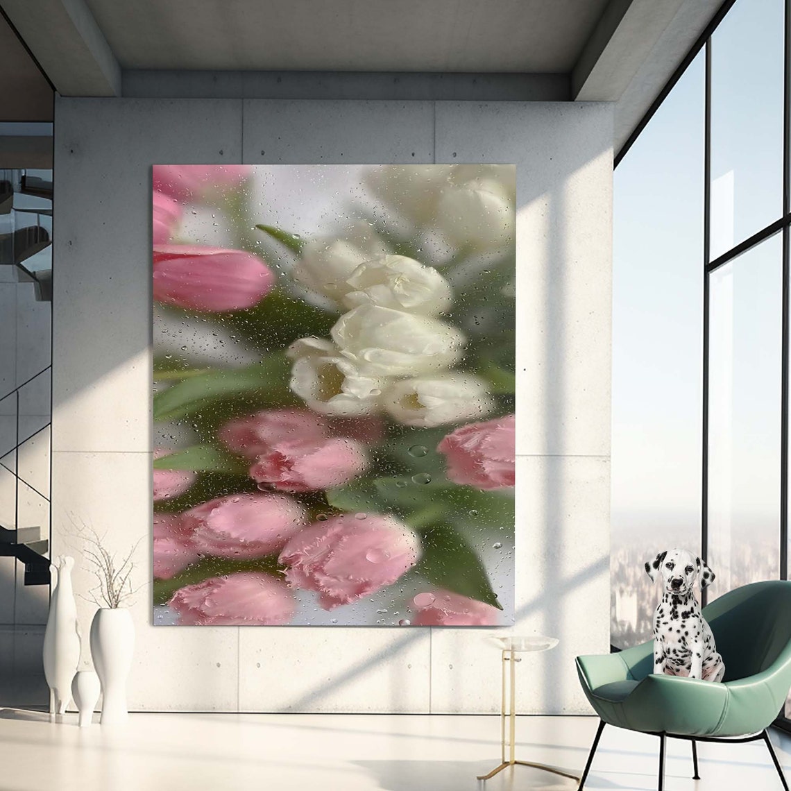 Pink White Tulips Behind Rainy Wet Glass Floral Gallery Poster - Image 3