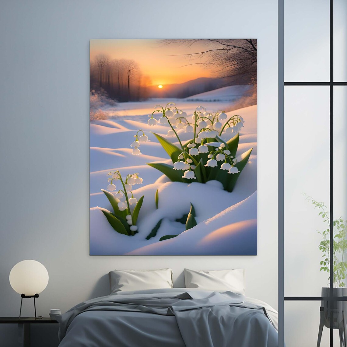 Lily Of The Valley Flowers In Snow Golden Sunrise Floral Art Print - Image 3