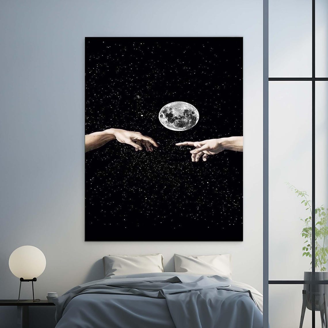 Creation Of Adam Style Hands Reaching Under Full Moon Starry Wall Art - Image 3