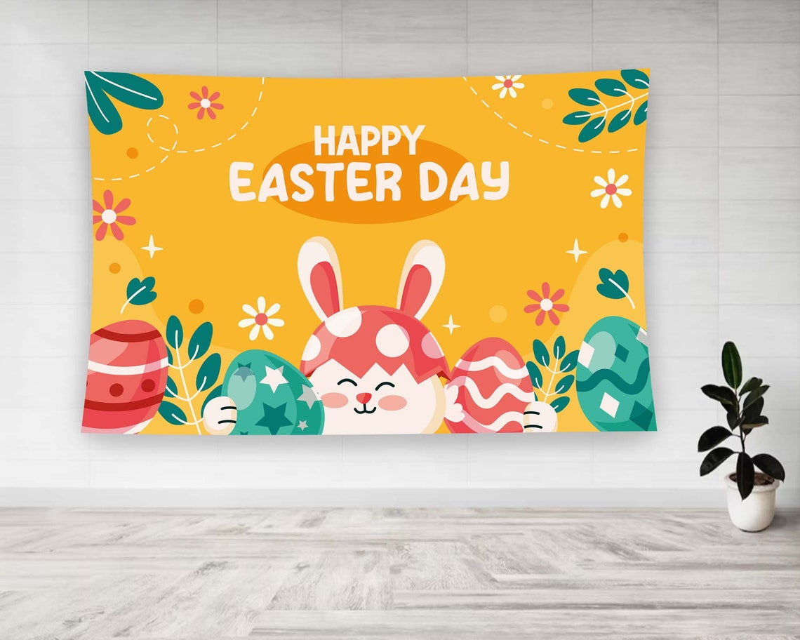 Happy Easter Day Bunny Eggs Orange Cartoon Kids Spring Tapestry Poster - Image 2