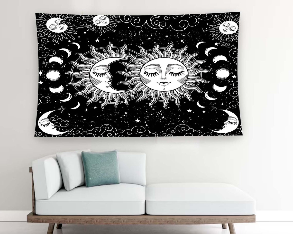 Black White Sun Moon Faces Celestial Phases Stars Tapestry Wall Art