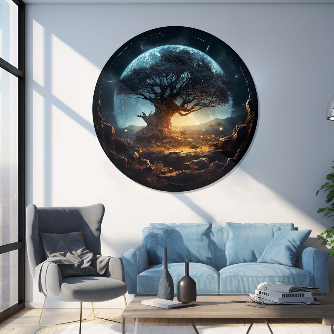 Ancient Tree of Life Giant Blue Moon Fantasy Night Round Wall Art - Image 2