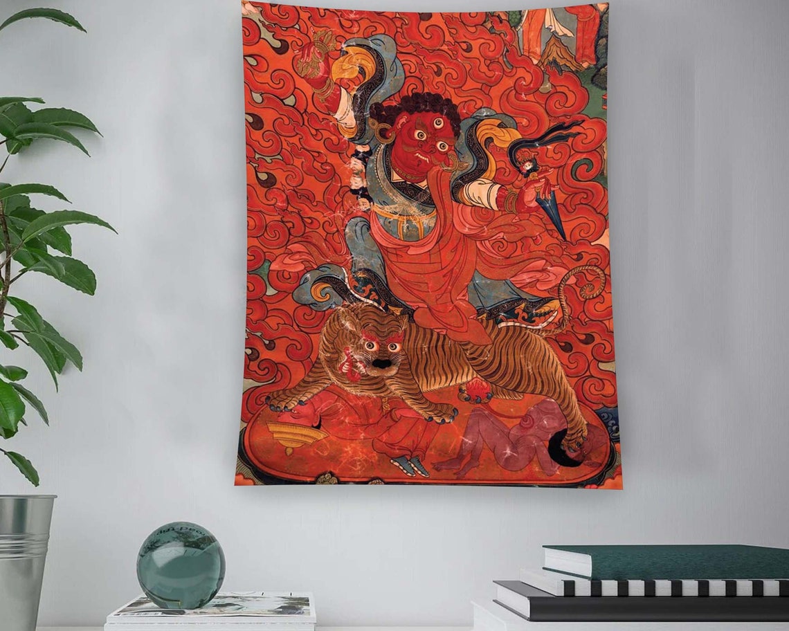 Red Tibetan Thangka Wrathful Deity Riding Tiger Tapestry Wall Art - Image 2