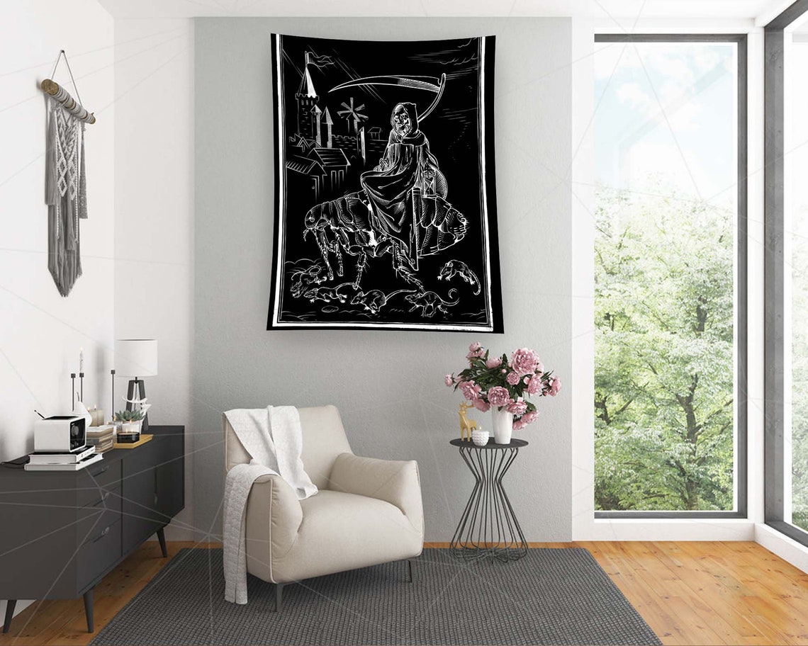 Black White Medieval Death Scythe Woodcut Horror Tapestry Wall Art