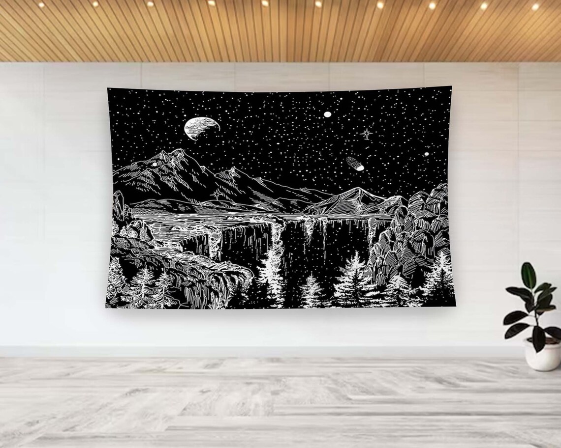 Starry Night Mountain Lake Black White Ink Landscape Tapestry Poster - Image 2