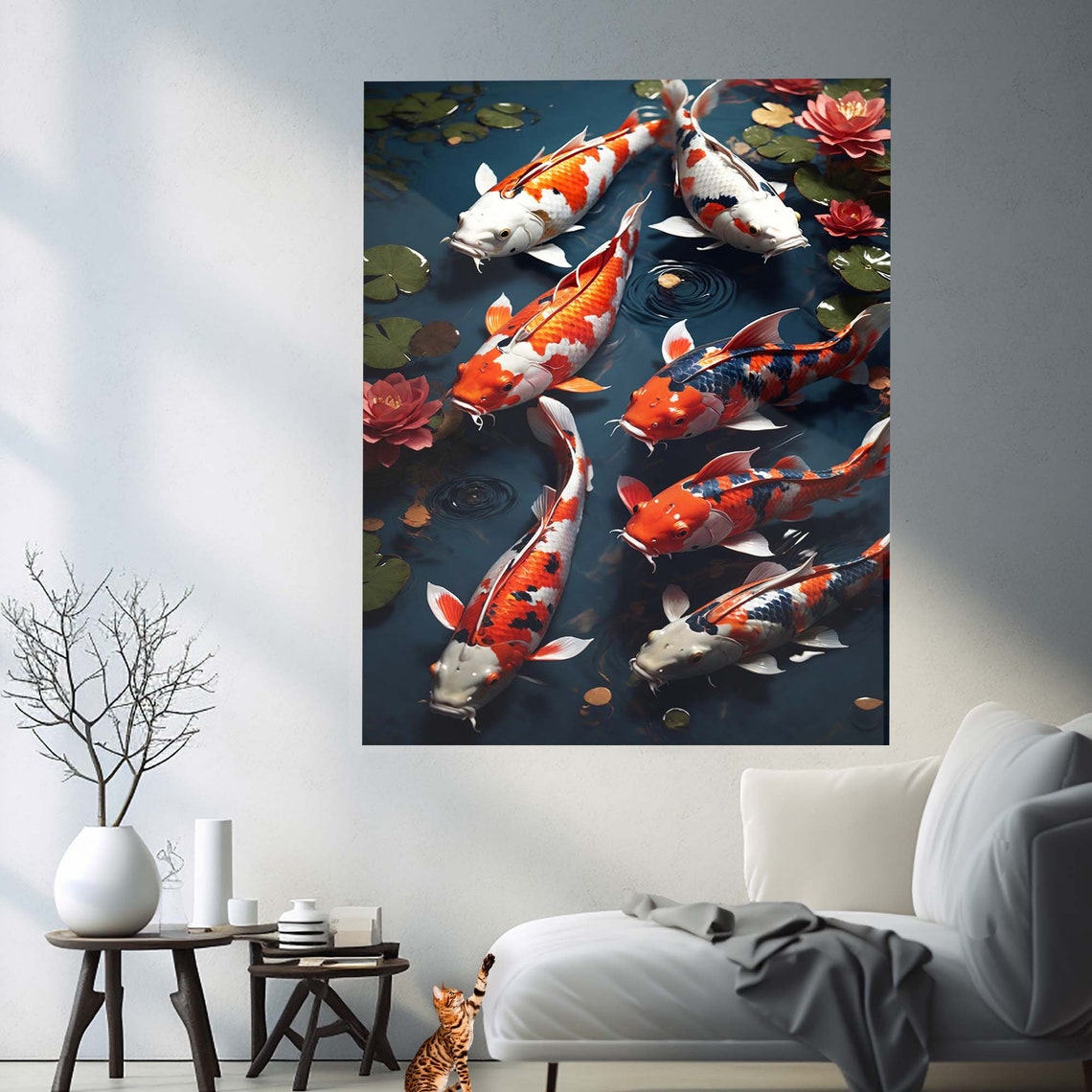 Koi Fish Lotus Flowers Lily Pads Dark Blue Pond Water Wall Art
