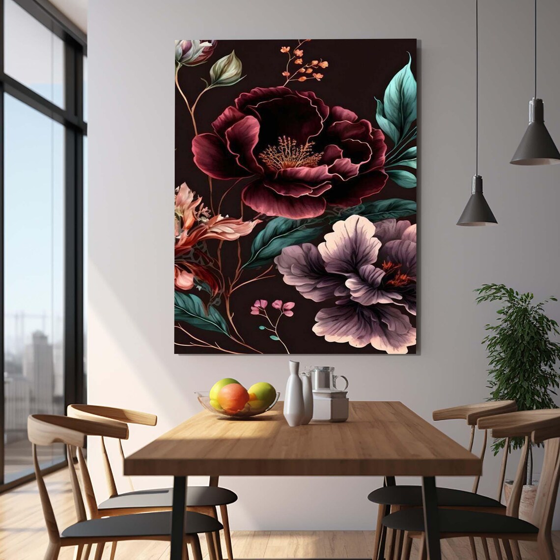Dark Burgundy Peonies Vintage Botanical Moody Floral Gallery Poster