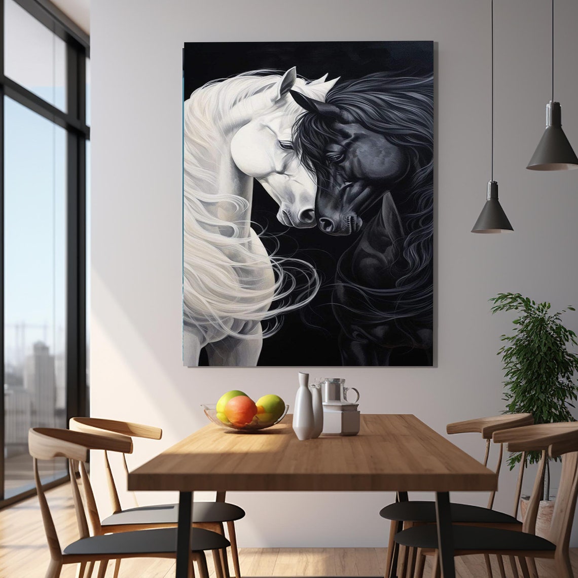 White And Black Horses Facing Each Other Elegant Equine Gallery Poster - Image 2