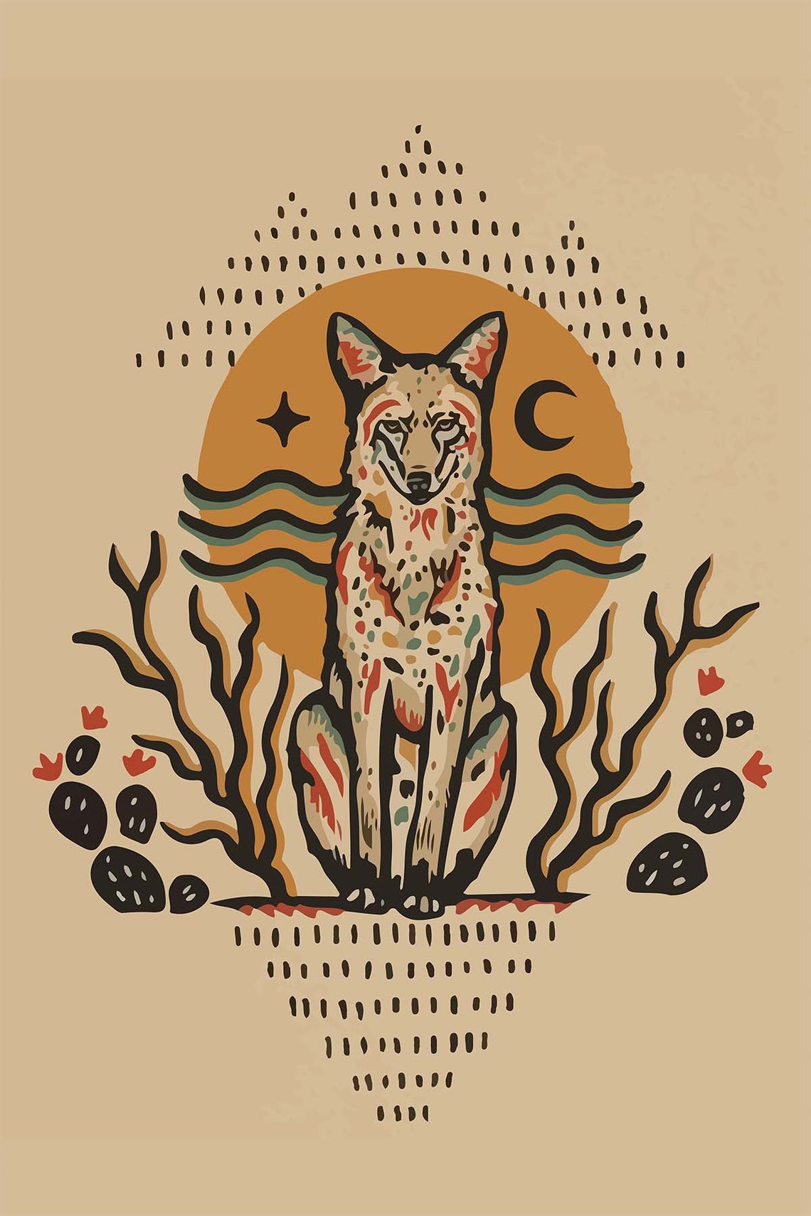 Desert Coyote Boho Folk Art Sun Moon Cactus Southwest Style Poster - Image 3