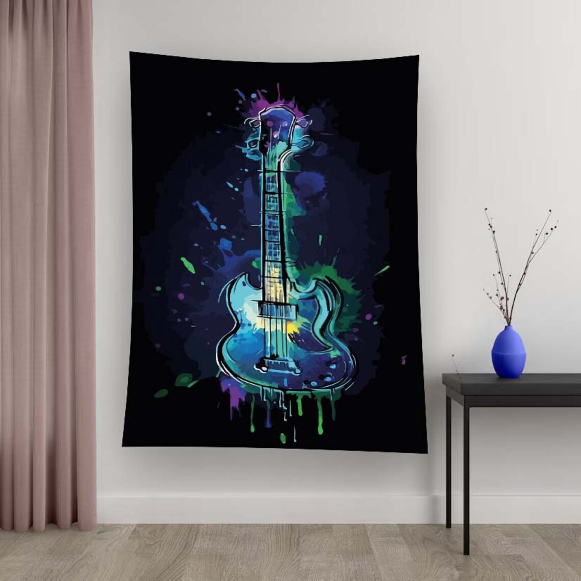 Guitar Neon Minimalist Wall Art Print, Teen Room Decor