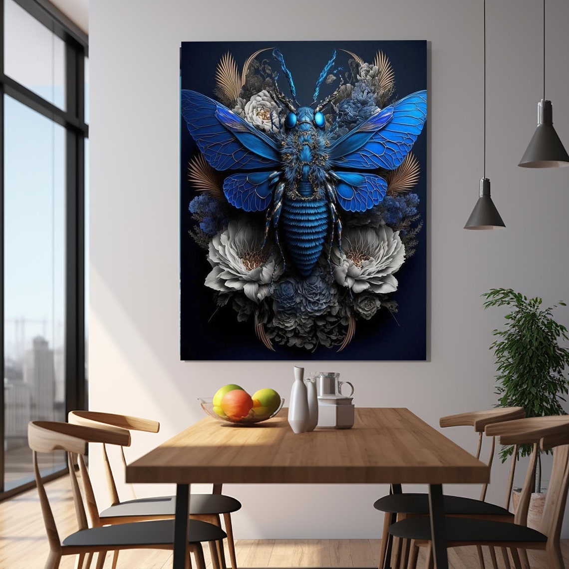 Blue Moth Dark Floral Botanical Gothic Insect Wall Art Poster - Image 2