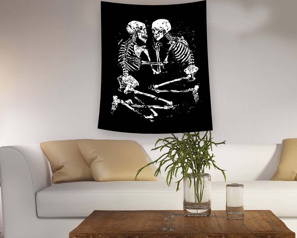 Black Skeleton Lovers Embrace Grunge White Ink Tapestry Wall Art