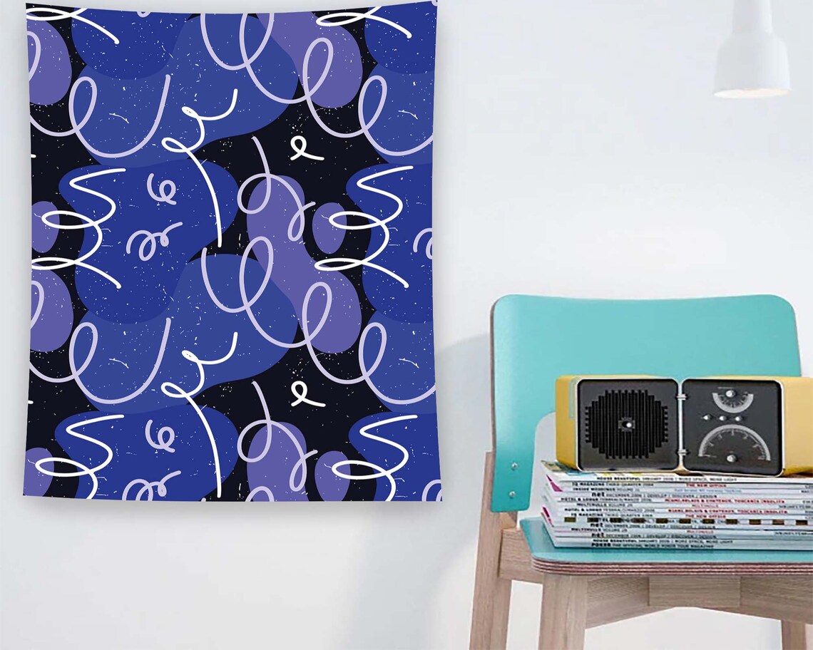 Blue Purple Abstract Organic Shapes White Doodle Line Pattern Wall Art
