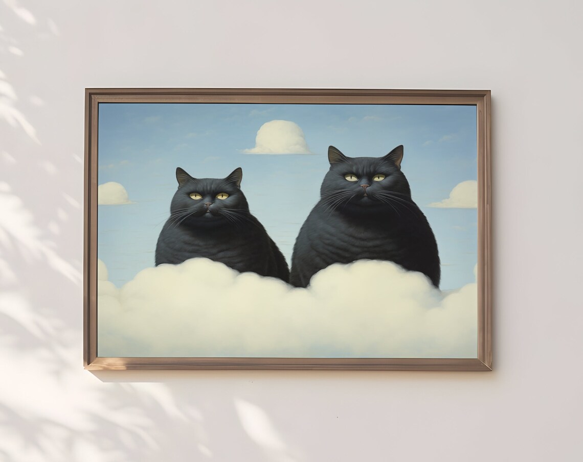 Two Black Cats On Cloudy Sky Whimsical Dreamy Feline Art Print