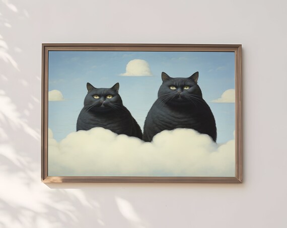 Two Black Cats On Cloudy Sky Whimsical Dreamy Feline Art Print