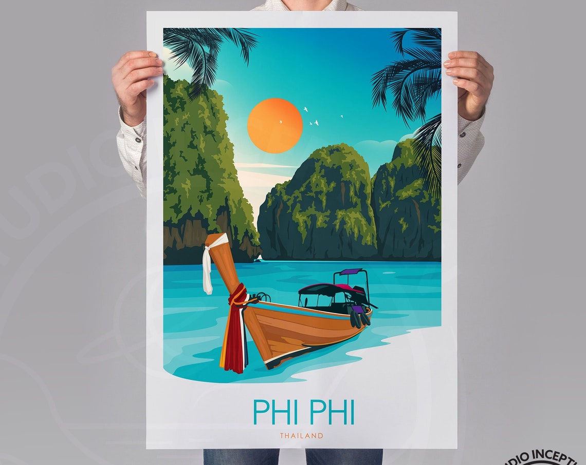 Phi Phi Thailand Longtail Boat Karst Cliffs Vintage Travel Poster - Image 2