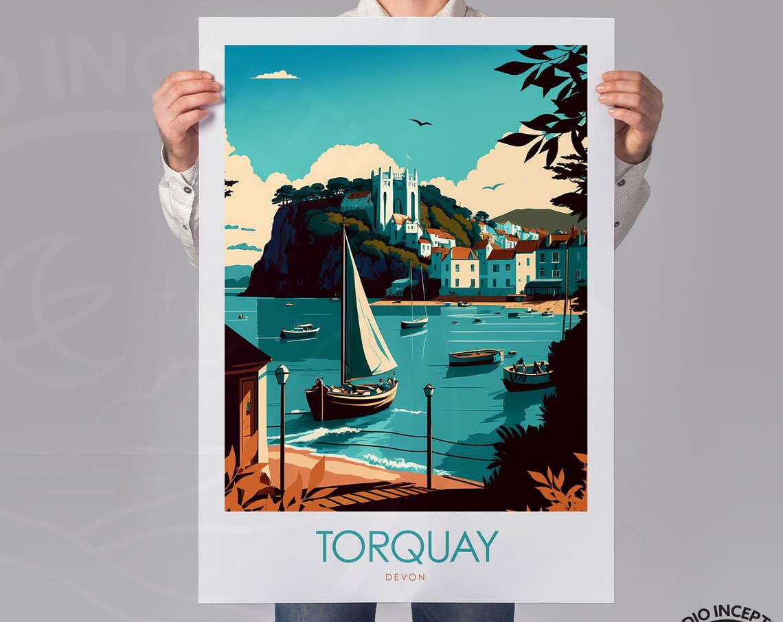 Torquay Devon Seaside Harbor Sailing Boats Vintage Travel Poster - Image 2