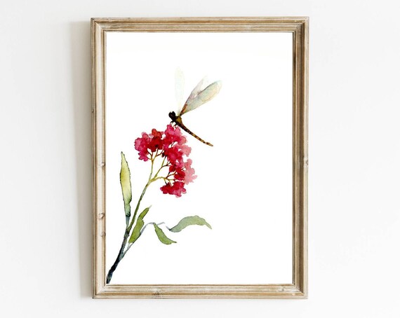 Dragonfly Watercolor Floral Art Print, Pink Wildflowers