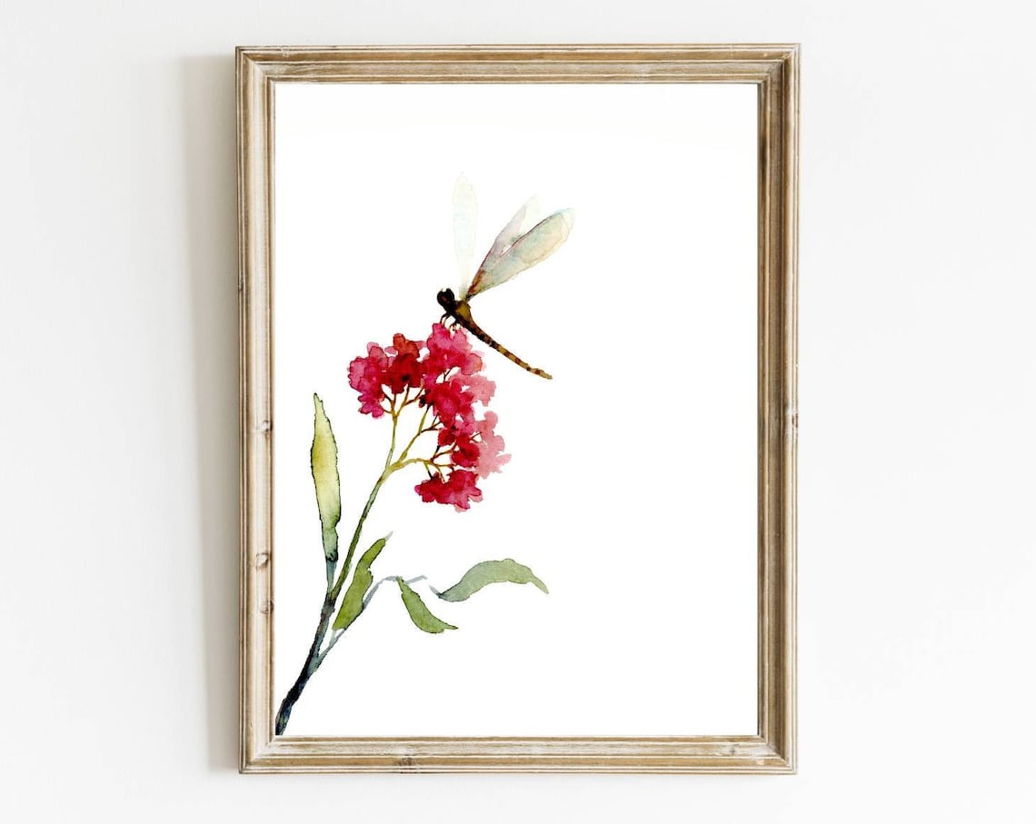 Dragonfly Watercolor Floral Art Print, Pink Wildflowers