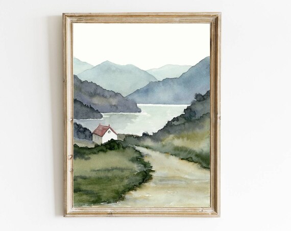 Lake House Watercolor Landscape, Nordic Travel Poster