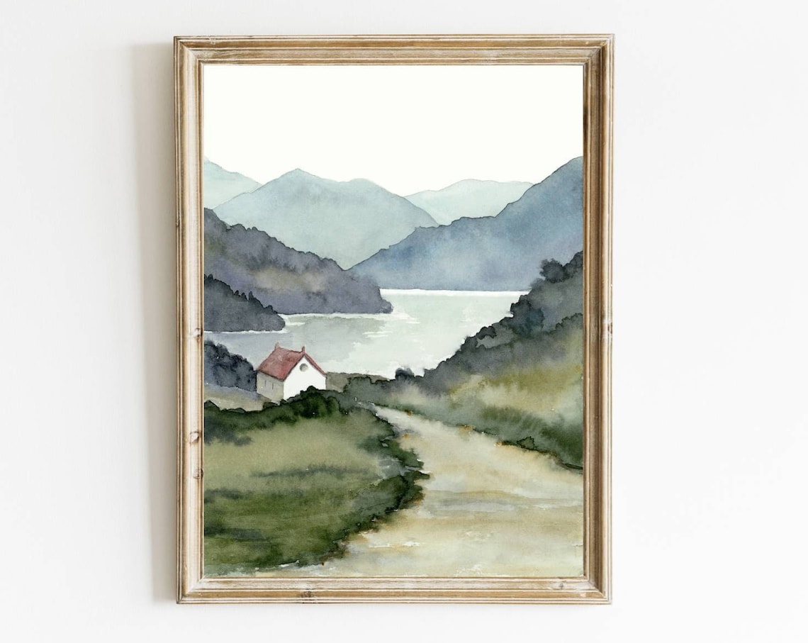 Lake House Watercolor Landscape, Nordic Travel Poster