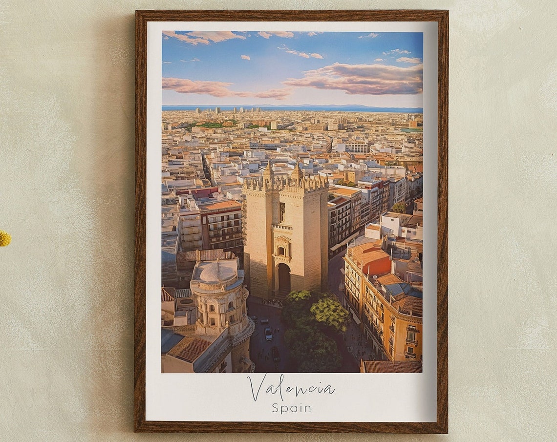 Valencia Spain Serrano Towers Aerial Cityscape Travel Poster