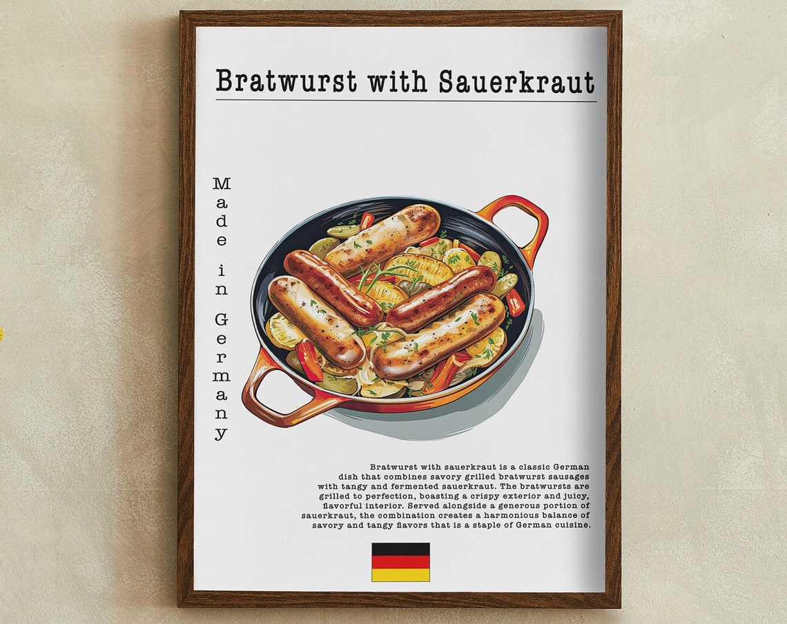 Bratwurst with Sauerkraut German Recipe Poster Kitchen Wall Decor