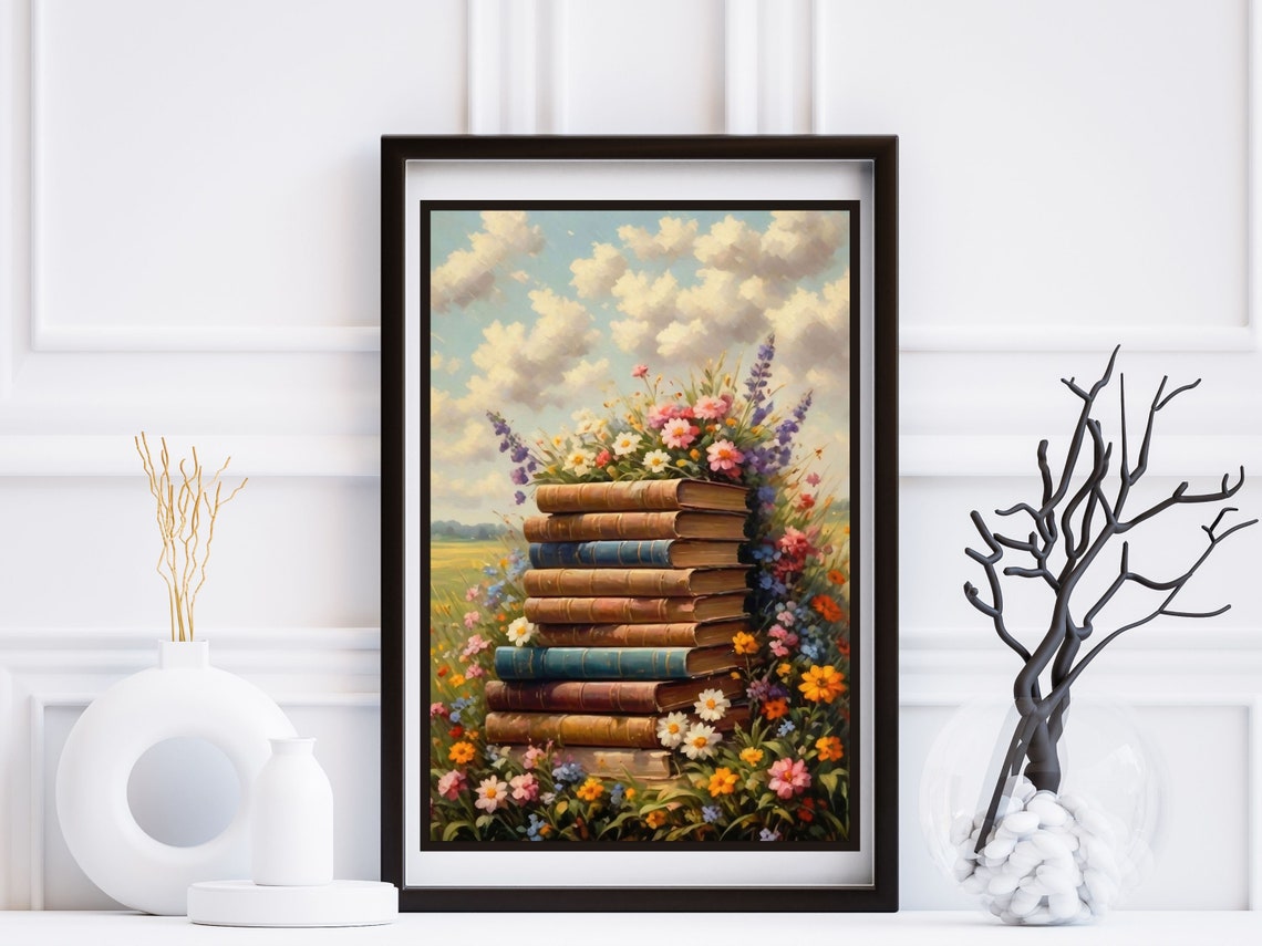 Vintage Book Stack With Wildflowers In A Sunny Meadow Painting Poster - Image 3