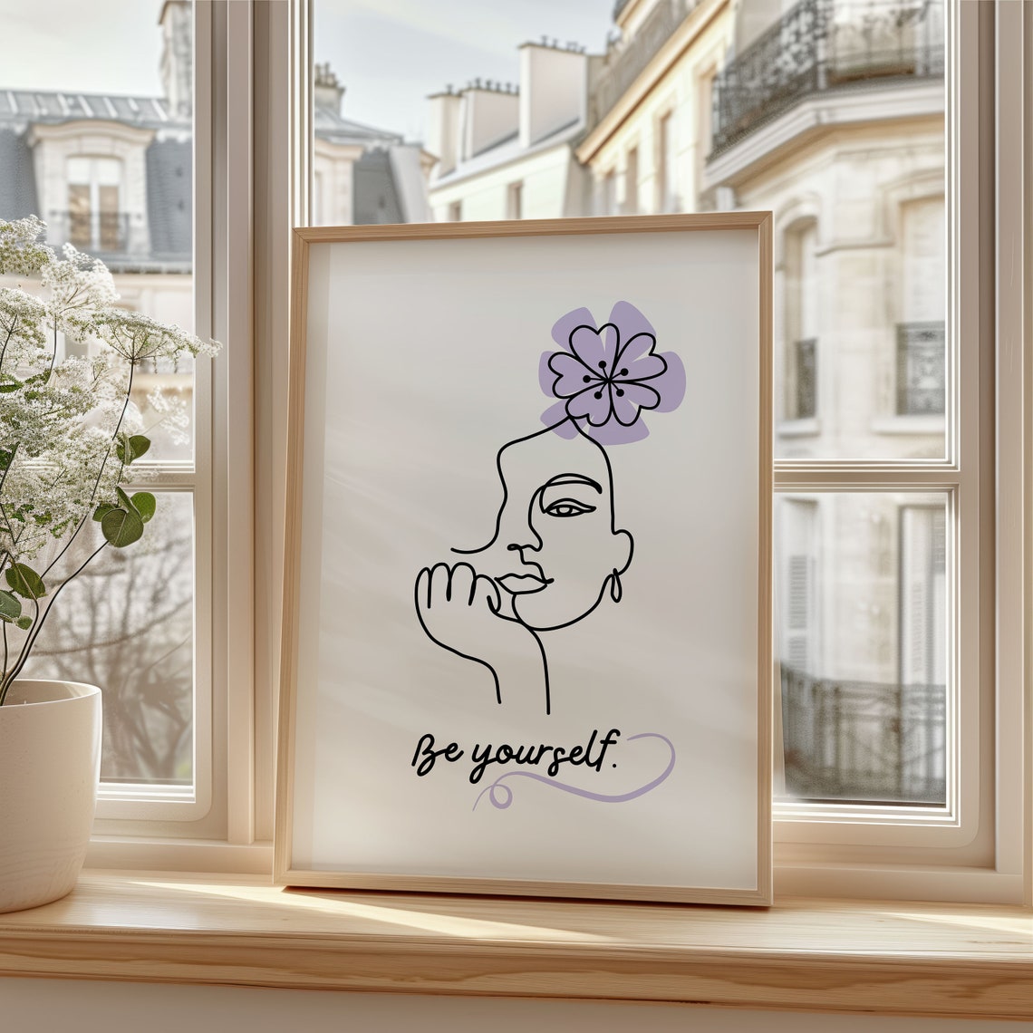 Be Yourself Minimalist Line Art Woman With Purple Flower Quote Poster - Image 4
