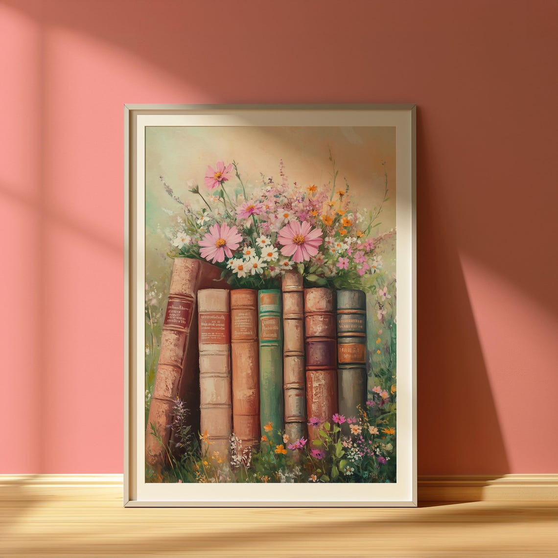 Vintage Books With Pink Wildflowers Floral Library Art Poster - Image 2