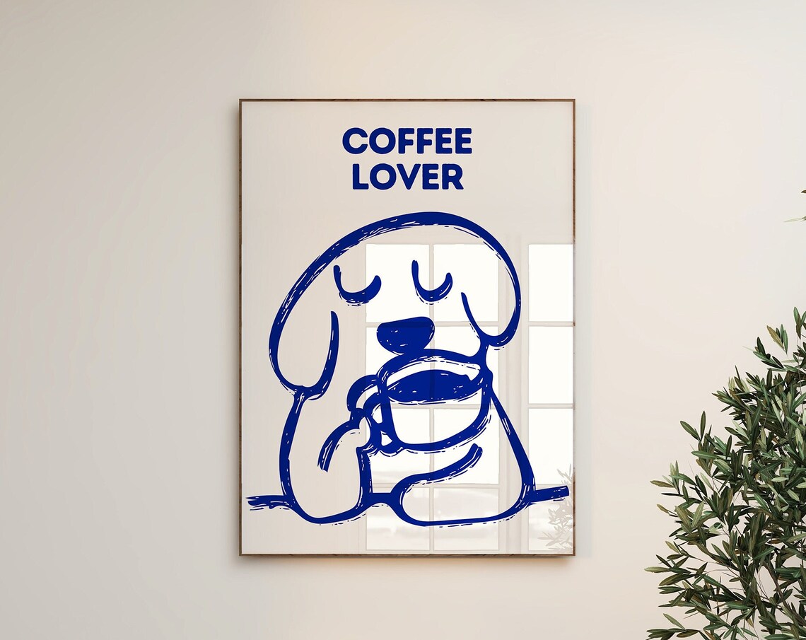 Cute Blue Line Art Coffee Lover Dog With Big Mug Kitchen Poster - Image 3