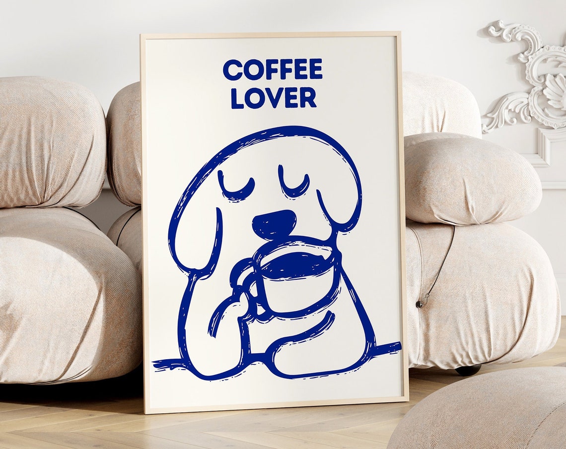 Cute Blue Line Art Coffee Lover Dog With Big Mug Kitchen Poster