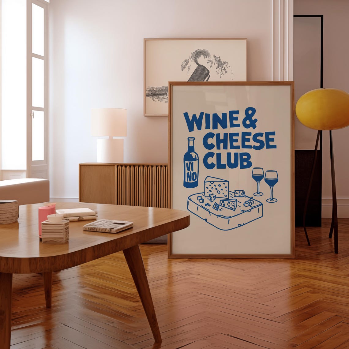 Navy Wine And Cheese Club Retro Bar Cart Kitchen Wall Decor Poster - Image 2