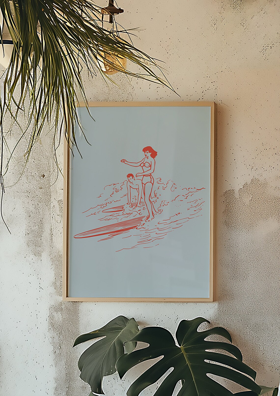 Retro Surf Girl Riding a Wave in Red Vintage Line Art Poster - Image 2