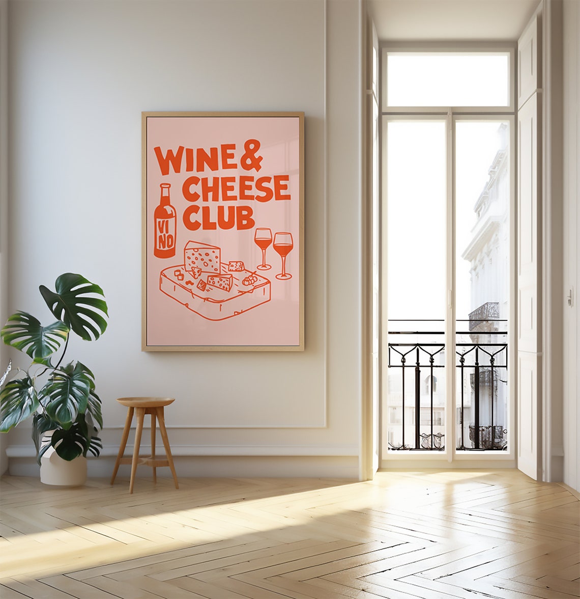 Wine and Cheese Club Red Cheese Board Vino Bottle Kitchen Poster - Image 2