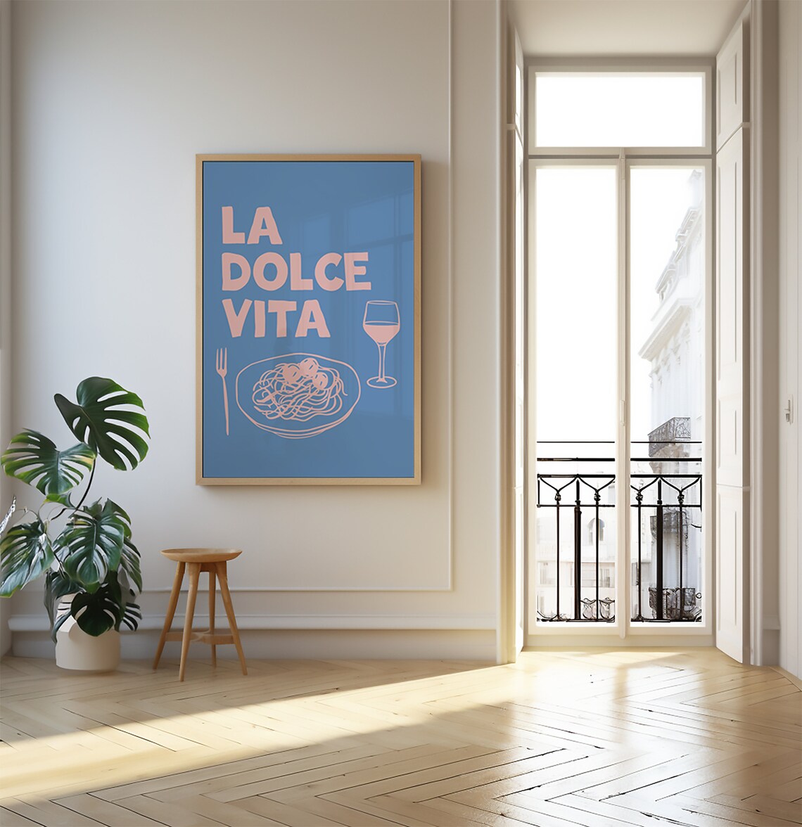 La Dolce Vita Pink Blue Pasta Wine Italian Restaurant Wall Poster - Image 3