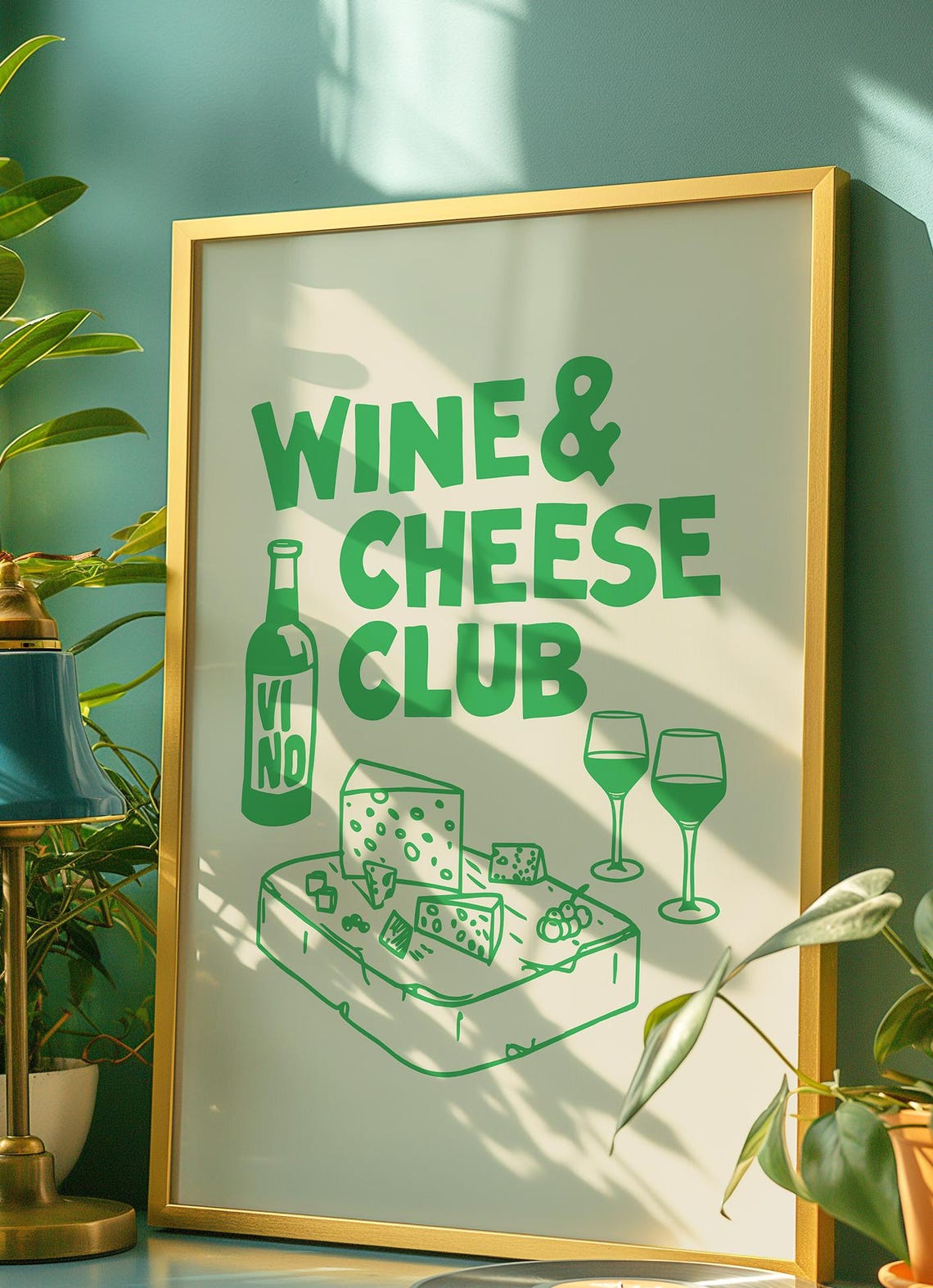Green Wine and Cheese Club Retro Hand Drawn Kitchen Art Print - Image 2