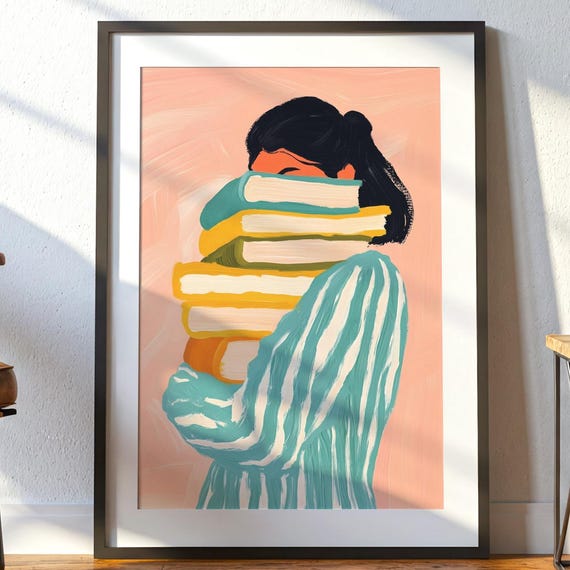 Pastel Book Stack Art Print Girl With Books