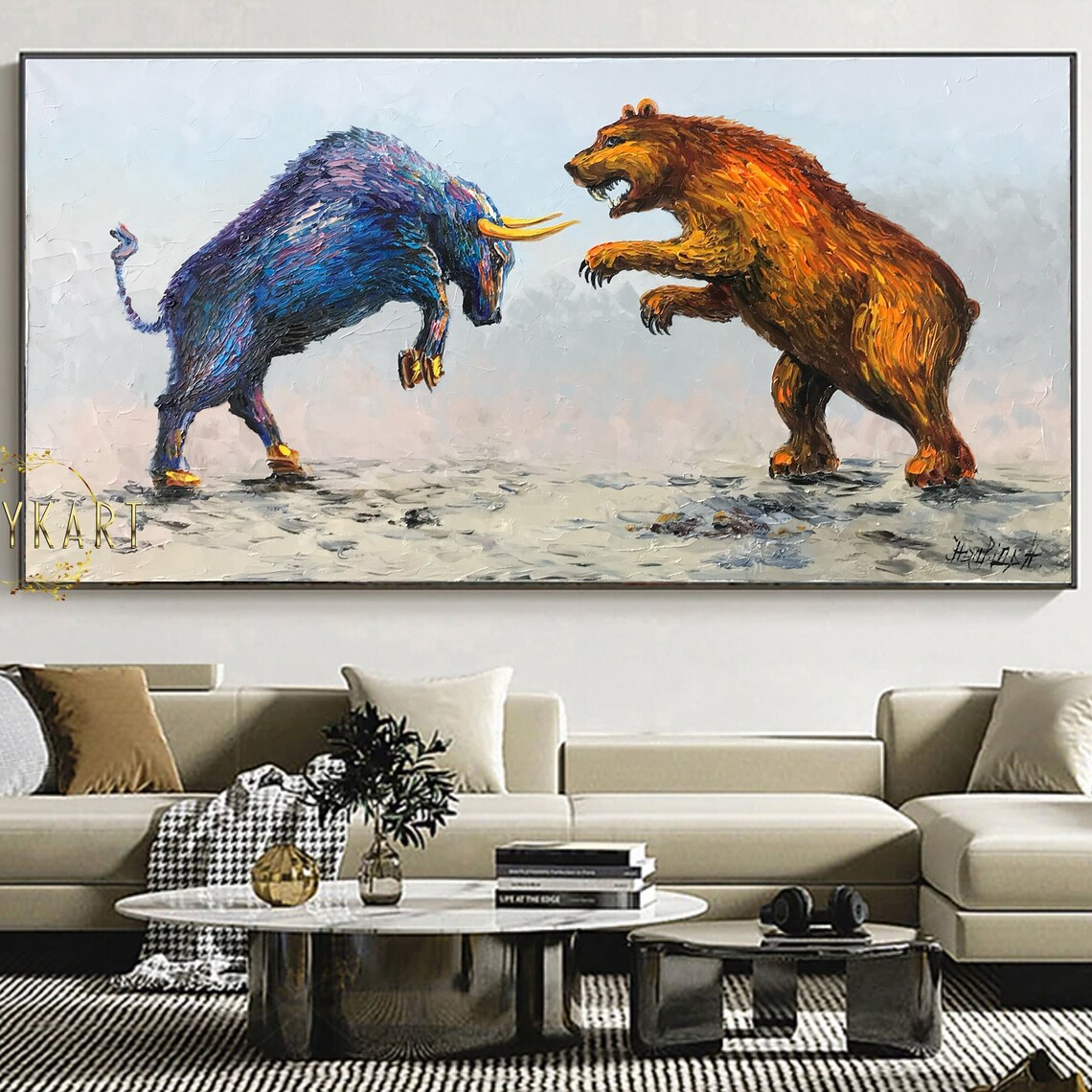Wall Street Bull vs Bear Oil Painting Blue Bull Orange Bear Stock Market Poster