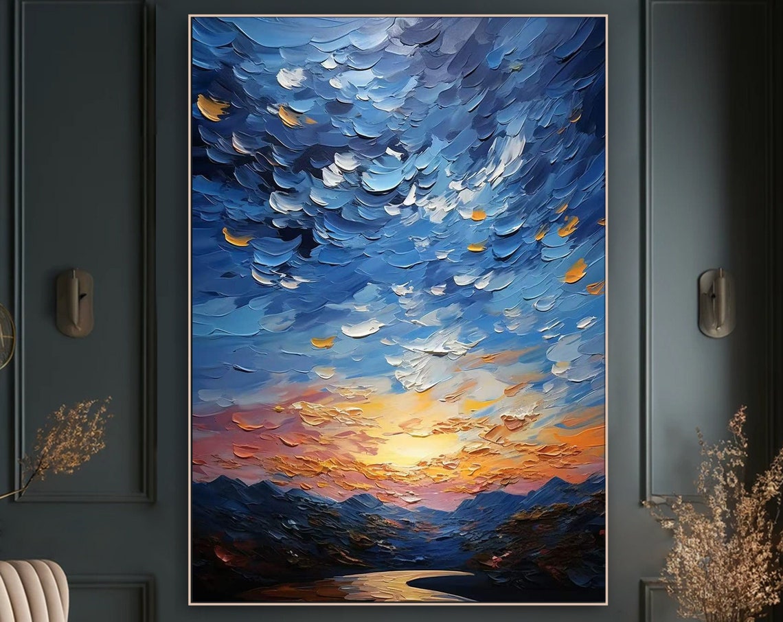 Radiant Sunset Abstract Impasto Painting On Multicolored Textured Wall Art Luxurious Modern Expressionist Palette Knife Interior Deco