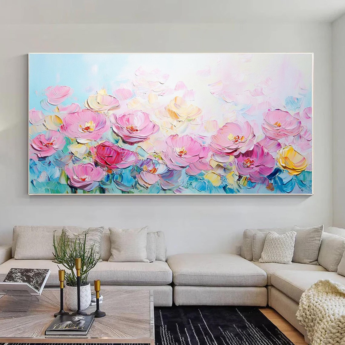 Pink Peony Blossoms Blooming on Turquoise Impasto Floral Wall Art