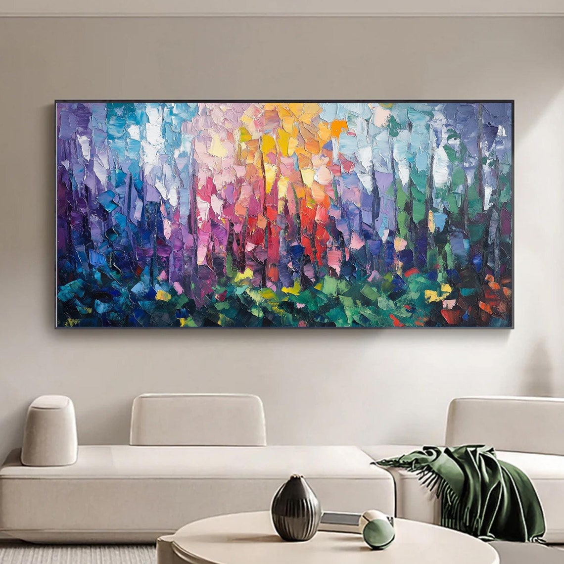Multicolor Abstract Forest of Rainbow Trees Impasto Landscape Wall Art