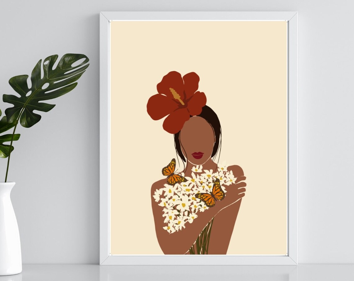 Woman White Daisies Monarch Butterflies Hibiscus Flower Poster