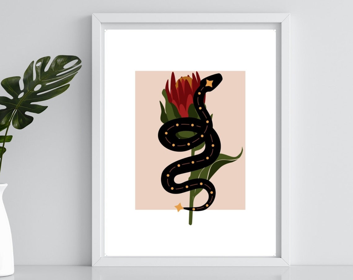 Black Coiled Serpent Protea Flower Boho Botanical Art Poster