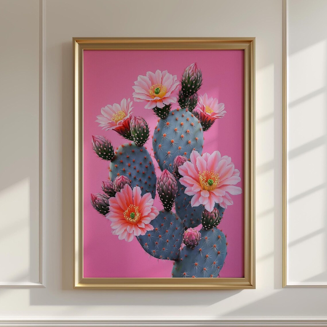 Pink Flowering Cactus Painting Blue Cactus Hot Pink Background Poster - Image 4
