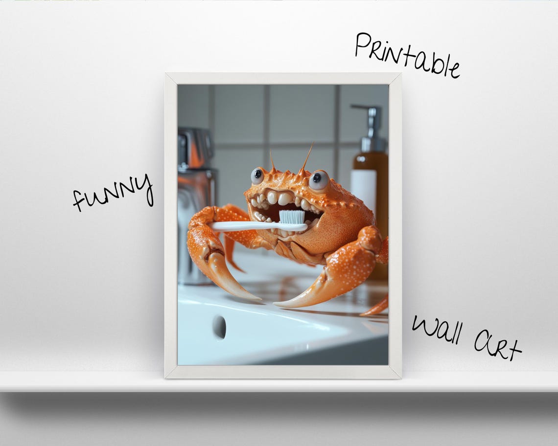 Funny Crab Brushing Teeth Cute Bathroom Animal Humor Wall Poster