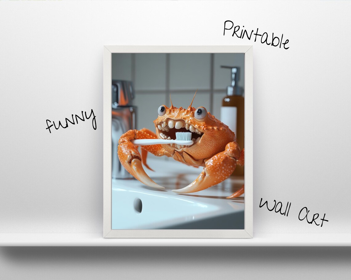 Funny Crab Brushing Teeth Wall Art L Fun Animal Design Bathroom Decoration Instant Cute Home Decor Frame