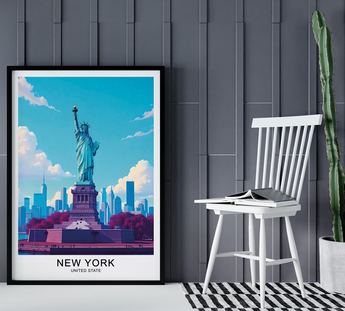 New York Statue of Liberty Blue Sky Manhattan Skyline Travel Poster - Image 2