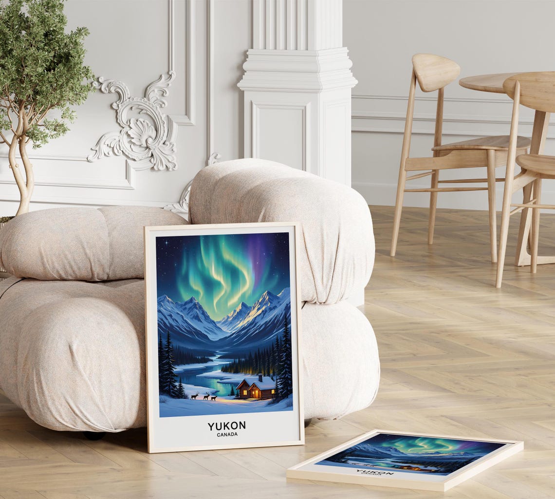 Yukon Canada Northern Lights Snowy Cabin Deer Winter Night Poster - Image 3